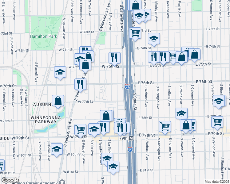 map of restaurants, bars, coffee shops, grocery stores, and more near 7630 South Lafayette Avenue in Chicago