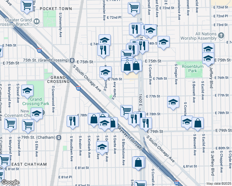 map of restaurants, bars, coffee shops, grocery stores, and more near 7647 South Dante Avenue in Chicago
