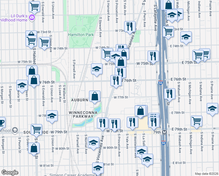 map of restaurants, bars, coffee shops, grocery stores, and more near 7620 South Harvard Avenue in Chicago