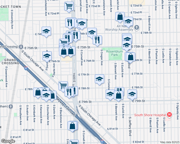 map of restaurants, bars, coffee shops, grocery stores, and more near 7651 South East End Avenue in Chicago