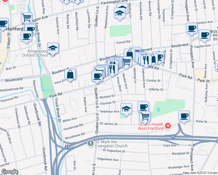map of restaurants, bars, coffee shops, grocery stores, and more near 12 Court Park in West Hartford