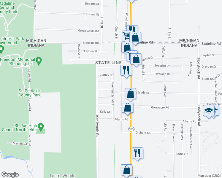 map of restaurants, bars, coffee shops, grocery stores, and more near 50757 Hammerschmidt Street in South Bend