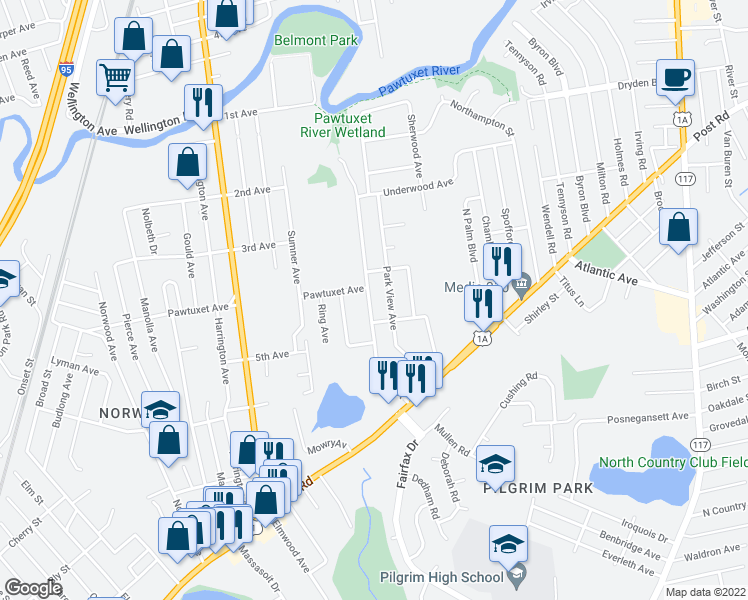 map of restaurants, bars, coffee shops, grocery stores, and more near 108 George Street in Warwick