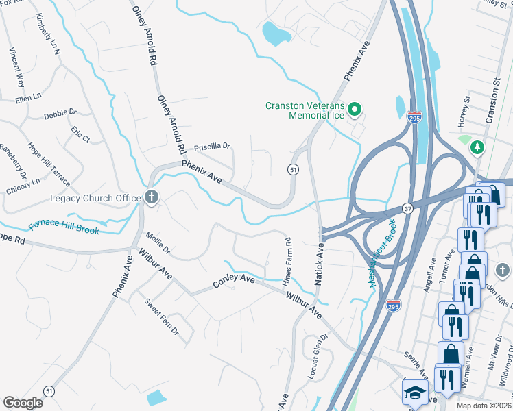 map of restaurants, bars, coffee shops, grocery stores, and more near 1100 Phenix Avenue in Cranston