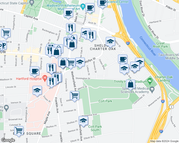map of restaurants, bars, coffee shops, grocery stores, and more near 40 Lisbon Street in Hartford