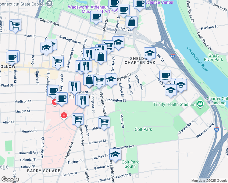 map of restaurants, bars, coffee shops, grocery stores, and more near 26 Groton Street in Hartford