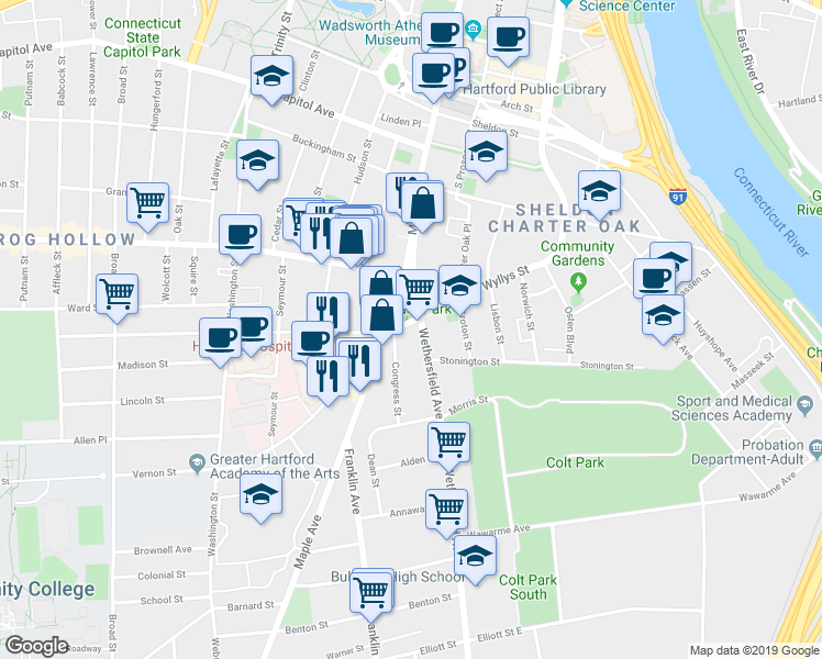 map of restaurants, bars, coffee shops, grocery stores, and more near 26 Wethersfield Avenue in Hartford