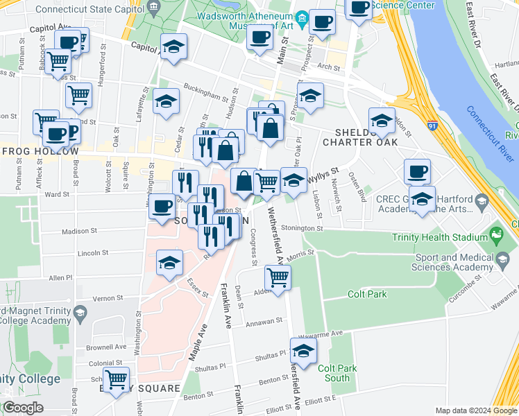 map of restaurants, bars, coffee shops, grocery stores, and more near 3 Wethersfield Avenue in Hartford