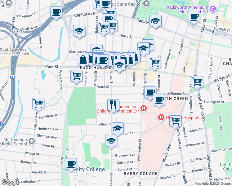 map of restaurants, bars, coffee shops, grocery stores, and more near 1022 Broad Street in Hartford
