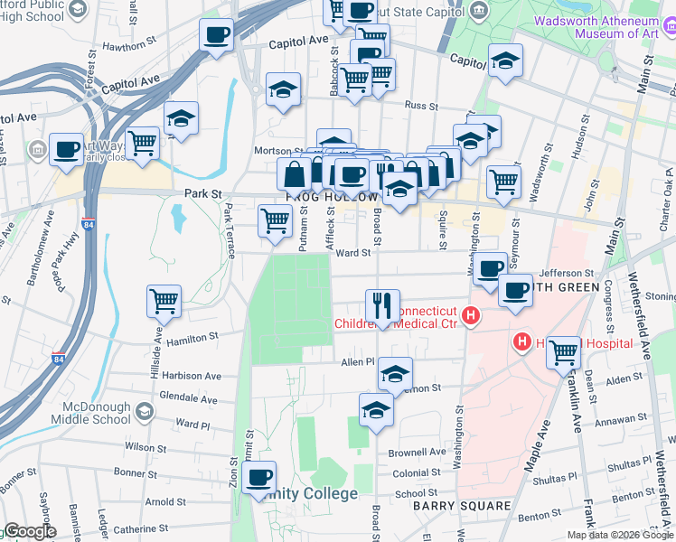 map of restaurants, bars, coffee shops, grocery stores, and more near 326 Jefferson Street in Hartford