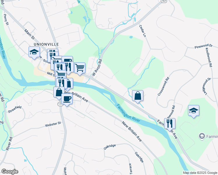 map of restaurants, bars, coffee shops, grocery stores, and more near 1736 Farmington Avenue in Farmington