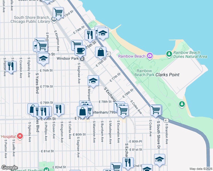 map of restaurants, bars, coffee shops, grocery stores, and more near 2807 East 77th Street in Chicago