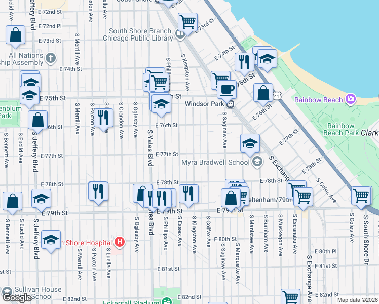 map of restaurants, bars, coffee shops, grocery stores, and more near 2536 East 77th Street in Chicago