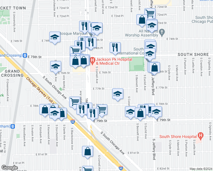 map of restaurants, bars, coffee shops, grocery stores, and more near 7646 South East End Avenue in Chicago