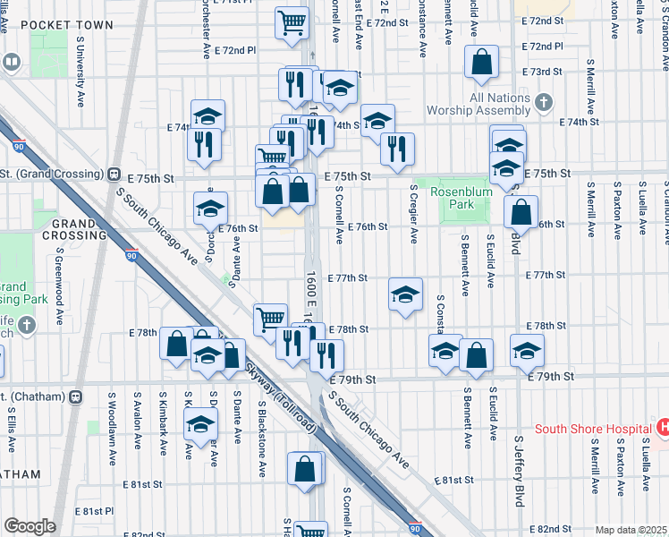 map of restaurants, bars, coffee shops, grocery stores, and more near 7644 South Cornell Avenue in Chicago