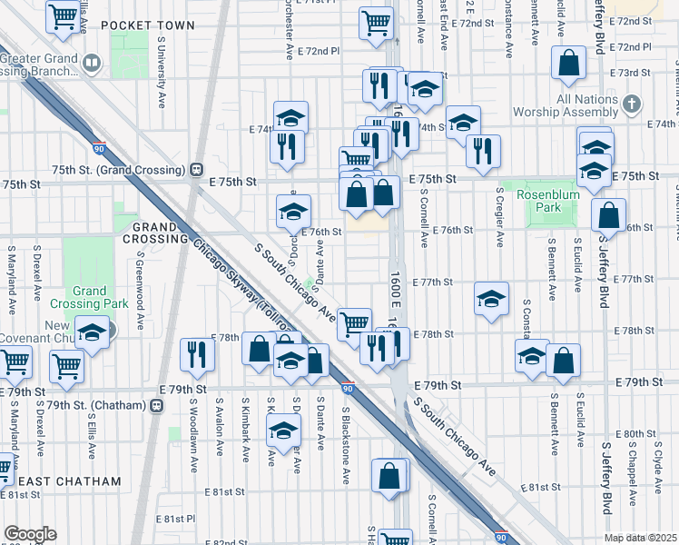 map of restaurants, bars, coffee shops, grocery stores, and more near 1500 East 77th Street in Chicago