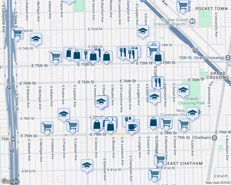 map of restaurants, bars, coffee shops, grocery stores, and more near 7636 South Saint Lawrence Avenue in Chicago