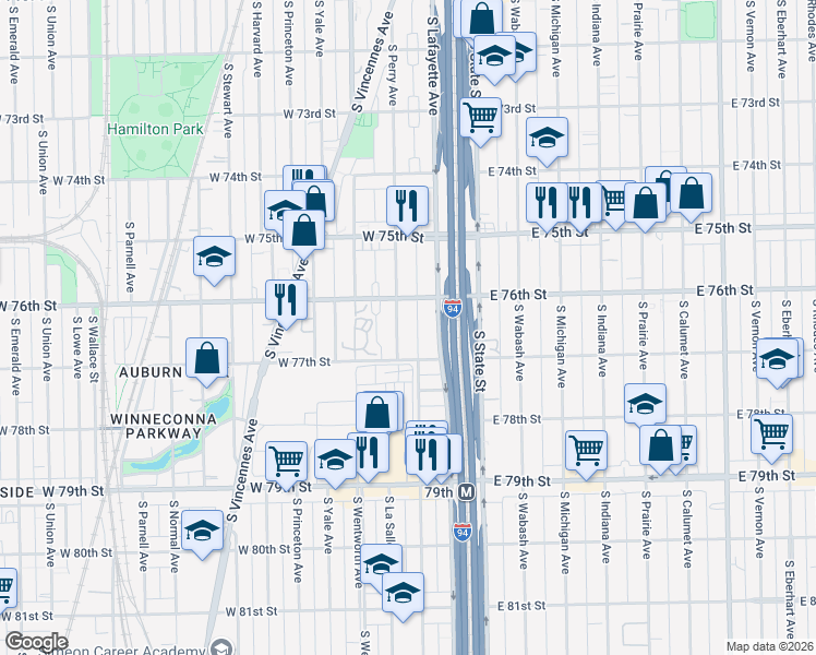 map of restaurants, bars, coffee shops, grocery stores, and more near 7630 South Lafayette Avenue in Chicago