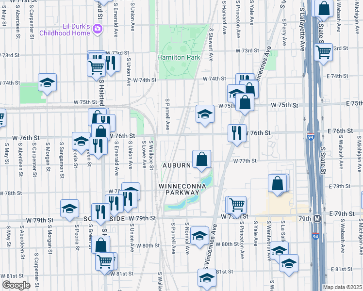 map of restaurants, bars, coffee shops, grocery stores, and more near 7622 South Normal Avenue in Chicago