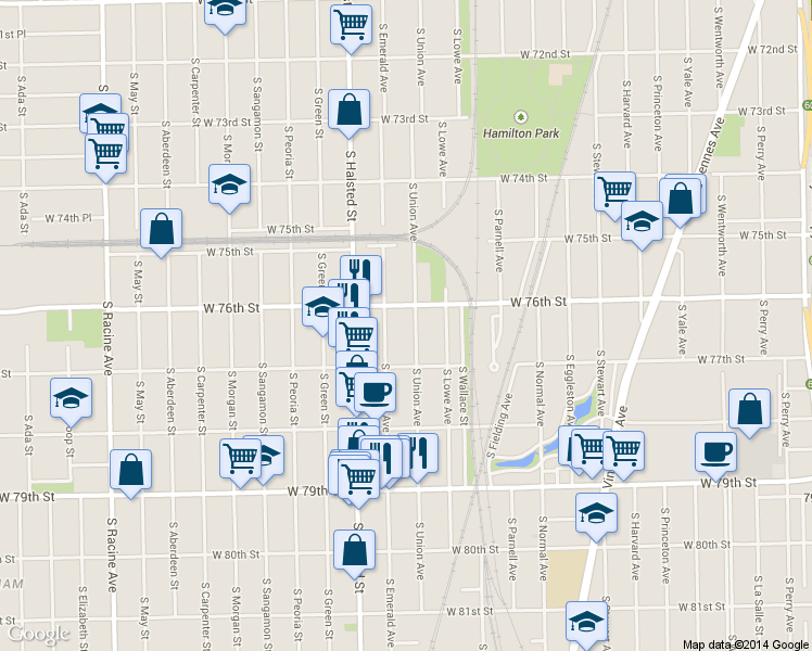 map of restaurants, bars, coffee shops, grocery stores, and more near 7620 South Union Avenue in Chicago