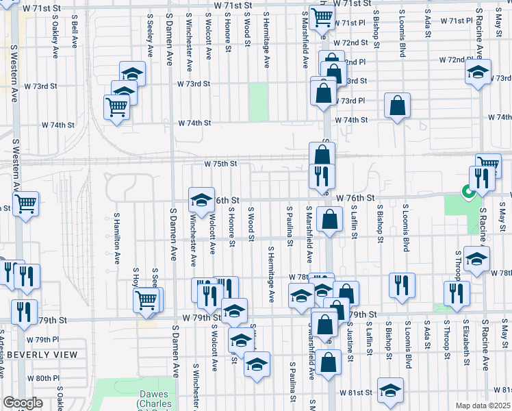 map of restaurants, bars, coffee shops, grocery stores, and more near 7606 South Hermitage Avenue in Chicago
