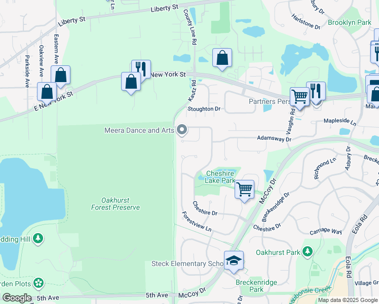 map of restaurants, bars, coffee shops, grocery stores, and more near 168 Forestview Court in Aurora
