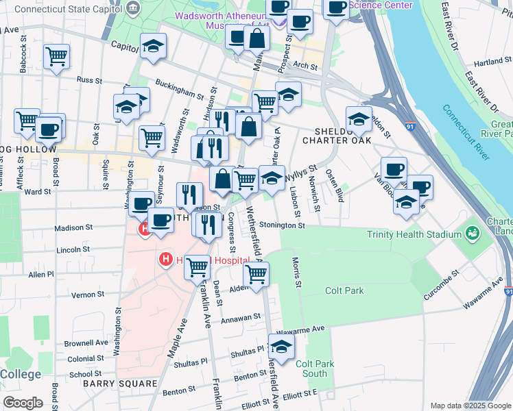 map of restaurants, bars, coffee shops, grocery stores, and more near 3 Wethersfield Avenue in Hartford