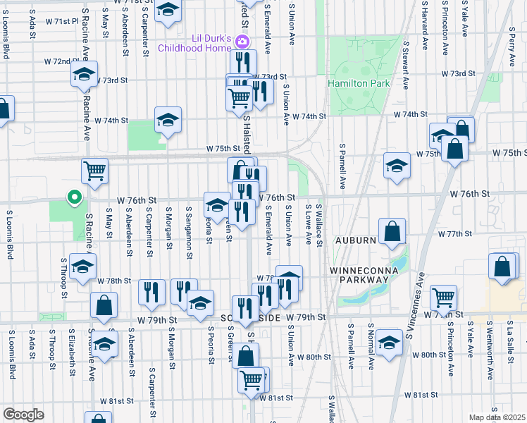 map of restaurants, bars, coffee shops, grocery stores, and more near 7618 South Emerald Avenue in Chicago