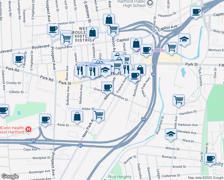 map of restaurants, bars, coffee shops, grocery stores, and more near 50 New Park Avenue in Hartford