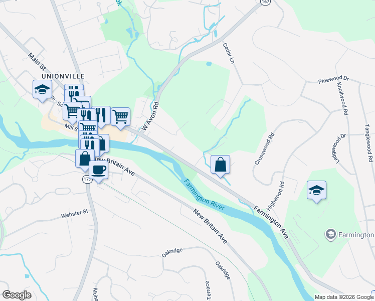 map of restaurants, bars, coffee shops, grocery stores, and more near 3 Serra Drive in Farmington