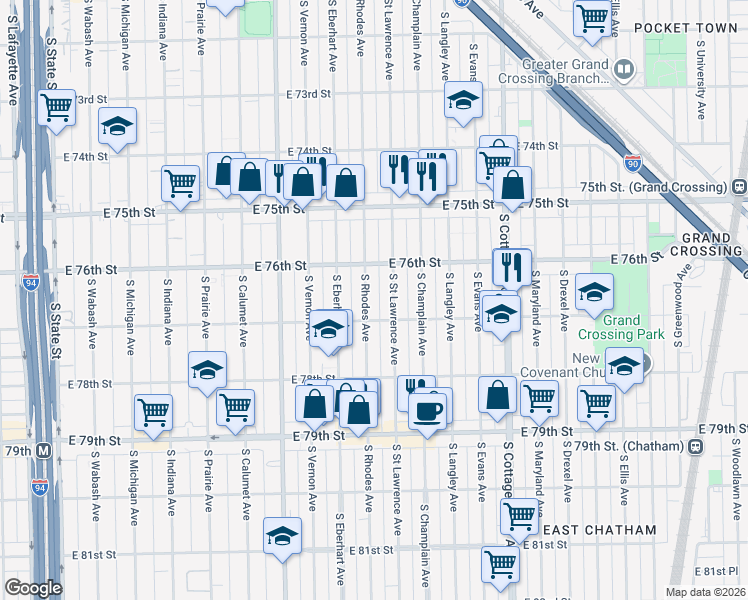 map of restaurants, bars, coffee shops, grocery stores, and more near 7636 South Saint Lawrence Avenue in Chicago