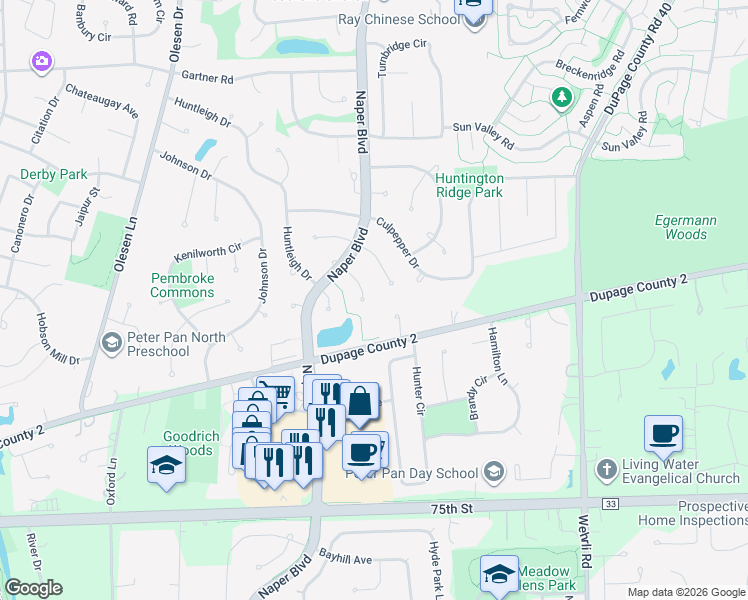 map of restaurants, bars, coffee shops, grocery stores, and more near 1146 Overton Court in Naperville