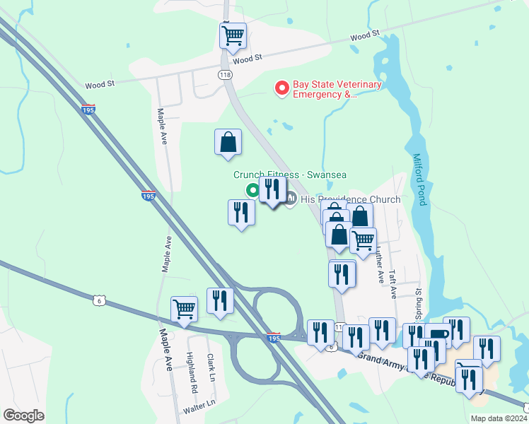 map of restaurants, bars, coffee shops, grocery stores, and more near 262 Swansea Mall Drive in Swansea