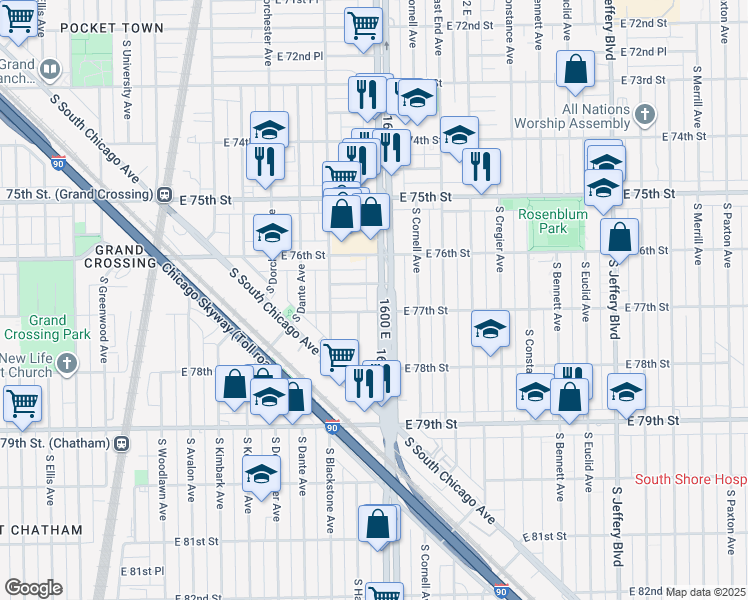 map of restaurants, bars, coffee shops, grocery stores, and more near 7646 South Stony Island Avenue in Chicago