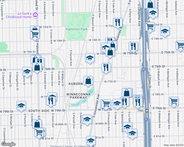 map of restaurants, bars, coffee shops, grocery stores, and more near 7620 South Stewart Avenue in Chicago