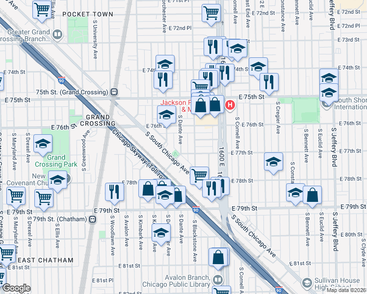 map of restaurants, bars, coffee shops, grocery stores, and more near 7645 South Dante Avenue in Chicago