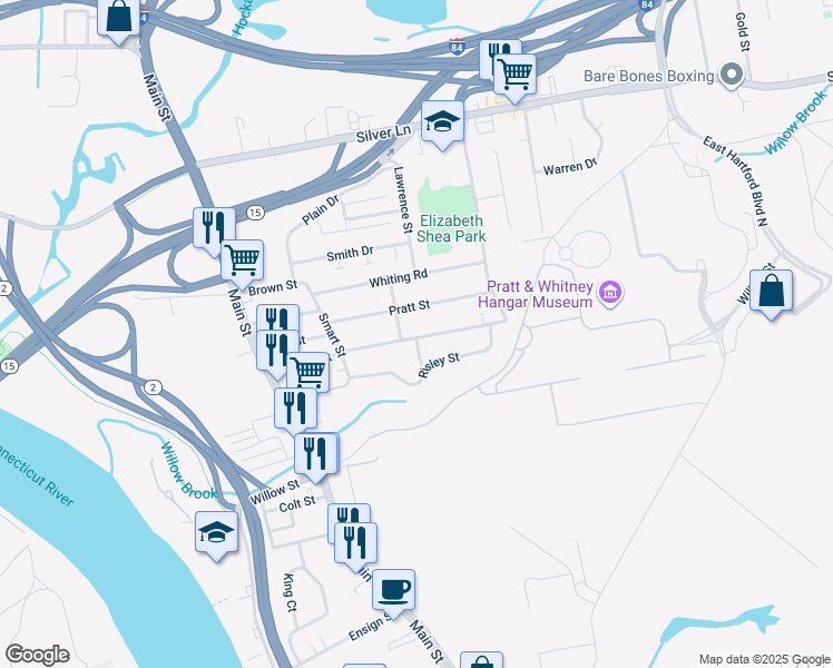map of restaurants, bars, coffee shops, grocery stores, and more near 142 Sisson Street in East Hartford