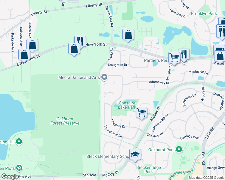 map of restaurants, bars, coffee shops, grocery stores, and more near 168 Forestview Court in Aurora