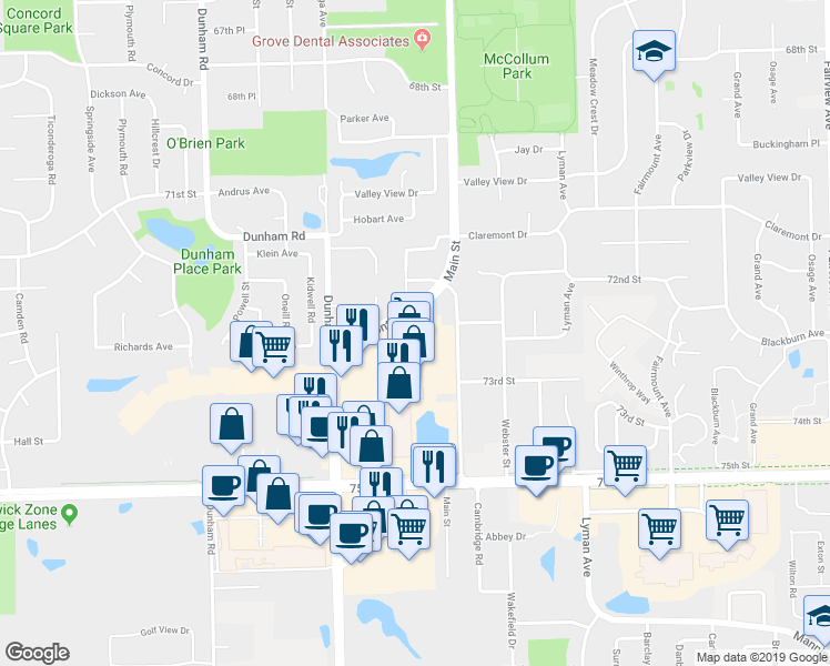 map of restaurants, bars, coffee shops, grocery stores, and more near 7221 Lemont Road in Downers Grove