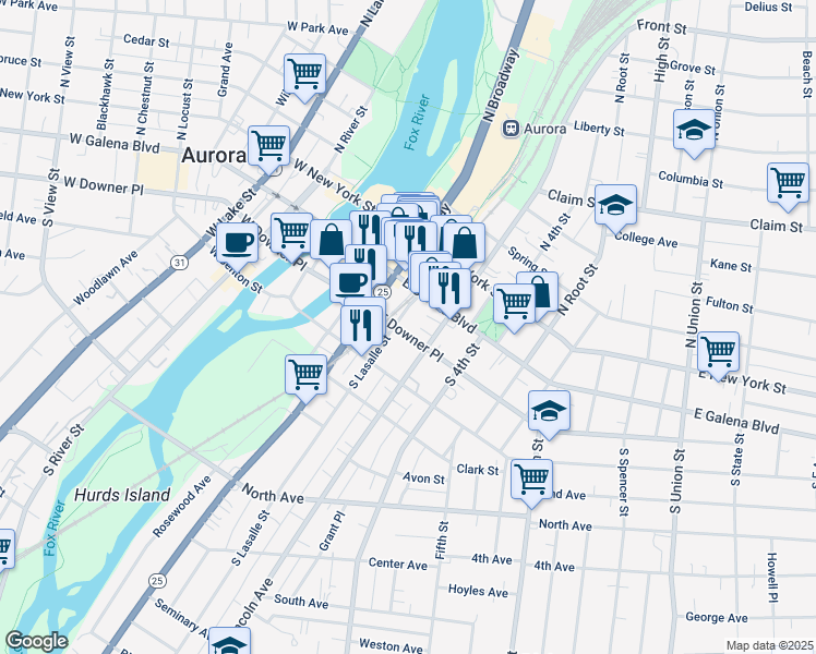 map of restaurants, bars, coffee shops, grocery stores, and more near 220 East Downer Place in Aurora