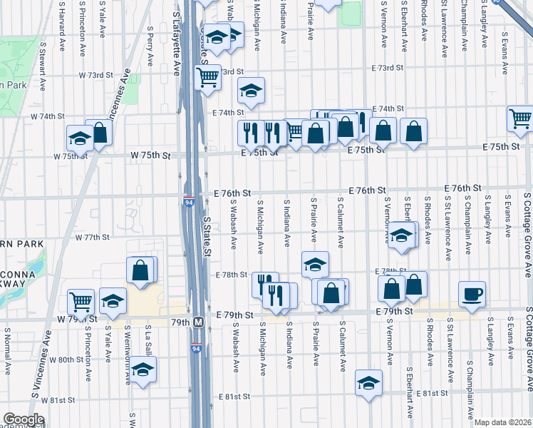 map of restaurants, bars, coffee shops, grocery stores, and more near 7631 South Michigan Avenue in Chicago