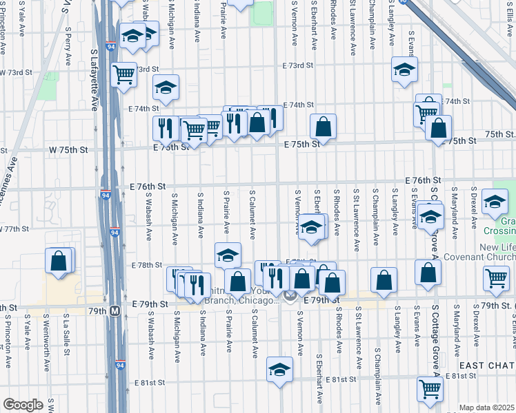 map of restaurants, bars, coffee shops, grocery stores, and more near 7637 South Calumet Avenue in Chicago