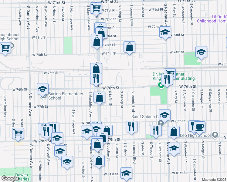 map of restaurants, bars, coffee shops, grocery stores, and more near 7605 South Laflin Street in Chicago