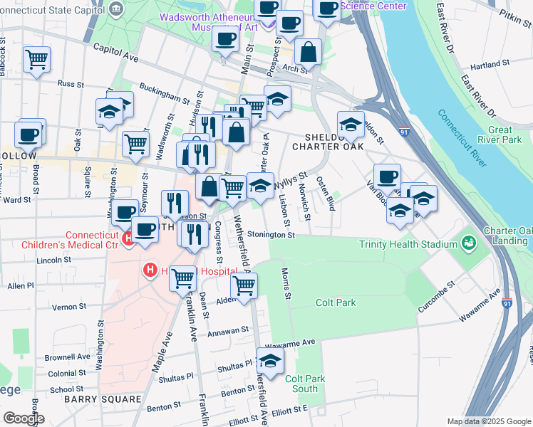 map of restaurants, bars, coffee shops, grocery stores, and more near 26 Groton Street in Hartford
