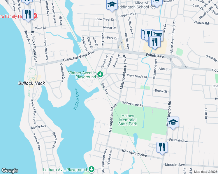 map of restaurants, bars, coffee shops, grocery stores, and more near 11 Rogers Avenue in East Providence