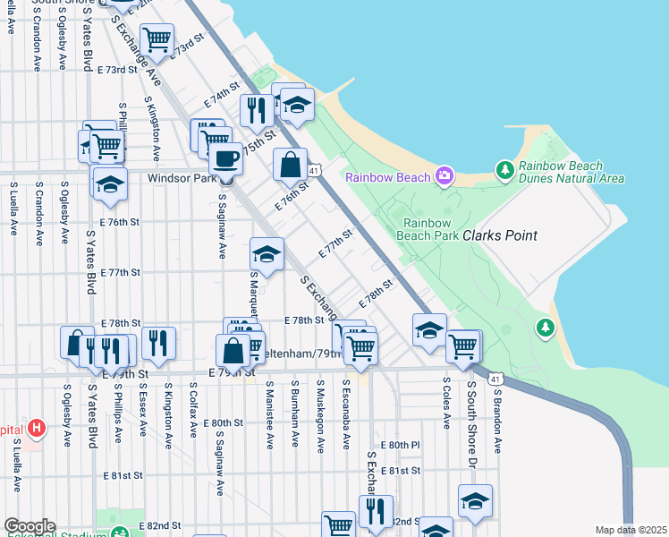 map of restaurants, bars, coffee shops, grocery stores, and more near 7720 South Coles Avenue in Chicago