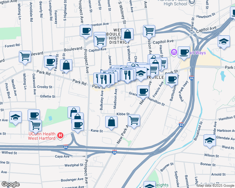 map of restaurants, bars, coffee shops, grocery stores, and more near 132 Madison Avenue in Hartford
