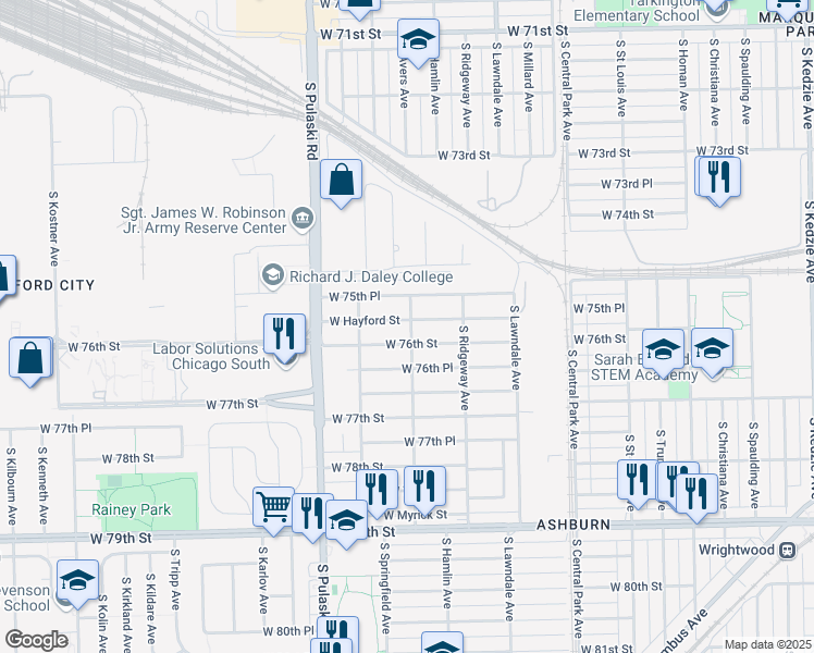 map of restaurants, bars, coffee shops, grocery stores, and more near 3801 West Hayford Street in Chicago