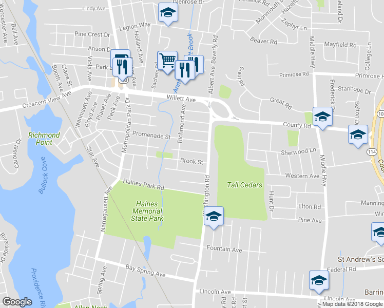 map of restaurants, bars, coffee shops, grocery stores, and more near 129 Rogers Avenue in Barrington