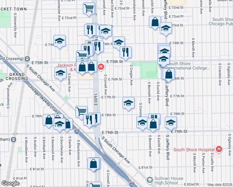 map of restaurants, bars, coffee shops, grocery stores, and more near 7645 South East End Avenue in Chicago